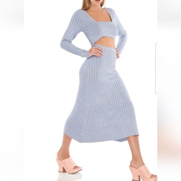 AFRM "Skye" Cut Out Front Ribbed Marled Icy Blue Midi Sweater Dress NWT Sz. L - Picture 2 of 8